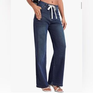 Drawstring High Waist Wide Leg Jeans Straight Leg Washed Denim Jeans Pants